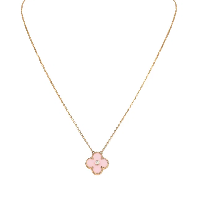 Van Cleef & Arpels 2015 Holiday Vintage Alhambra Pendant Necklace Light Pink Porcelain & Diamonds 18K Rose Gold in Pink from Madison Avenue Couture