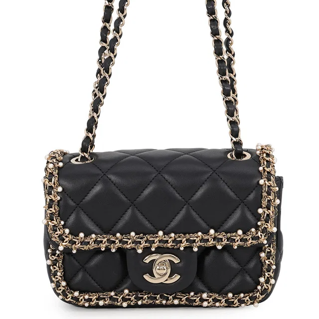 Chanel Mini Matelasse Single Flap Chain Shoulder Bag Black Lambskin Faux Pearl Size 17 in Black Lambskin from GALLERY RARE