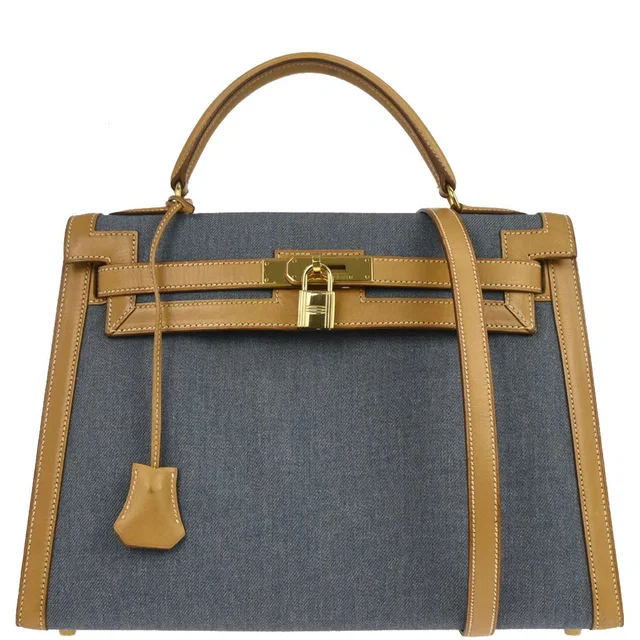 Hermès Blue Natural Toile Jean Vache Kelly 32 Sellier 2way Shoulder Handbag in Beige from AMORE Vintage Tokyo