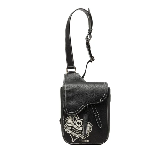 Black Dior Stussy Bee Applique Calfskin Saddle Crossbody in Black Calfskin from Designer Revival