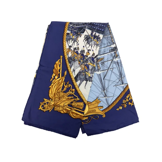 Blue Hermès Marine et Cavalerie Silk Scarf 90 Scarves in Navy Silk from Designer Revival