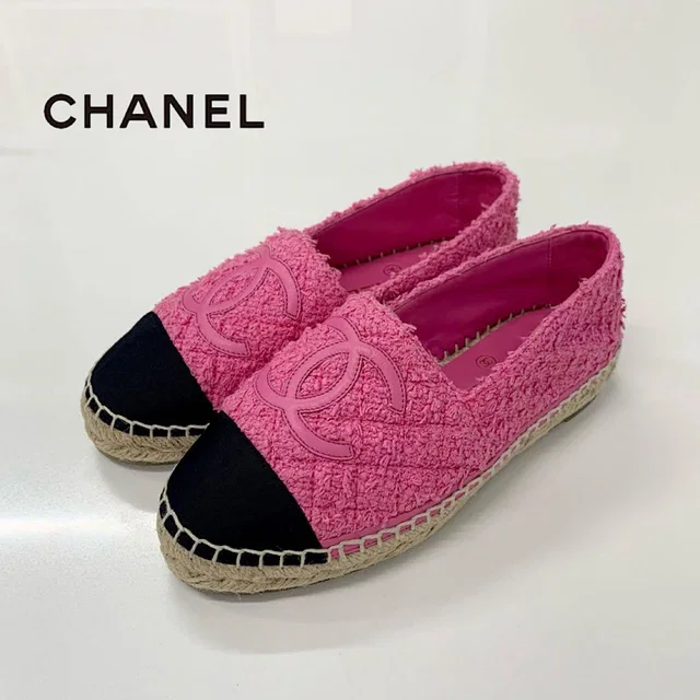 Chanel CC Logo Espadrilles Tweed Leather Flat Shoes Pink in Pink Tweed from The Reluxe