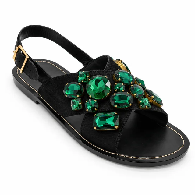 Marni Teal Jeweled Calf Hair Crisscross Sandals in Blue from Clotheshorse Anonymous