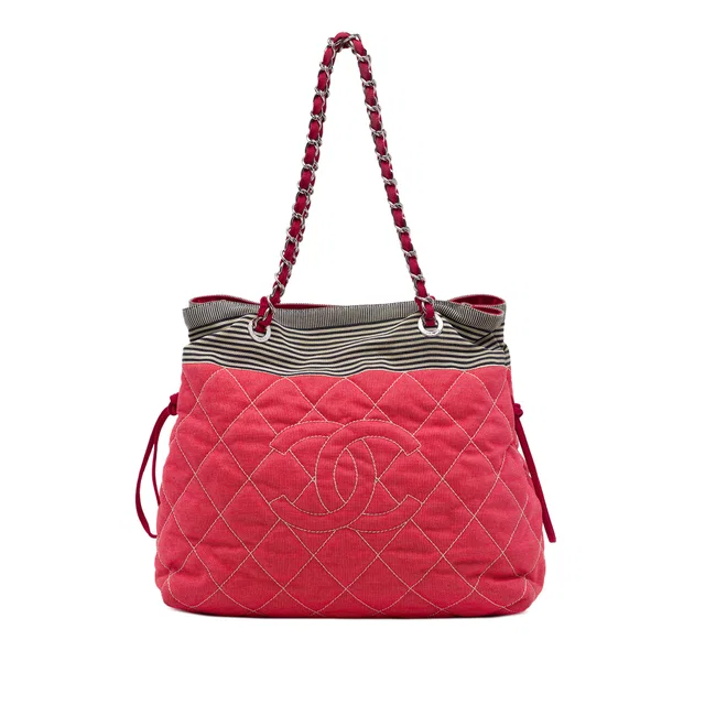 Red Chanel CC Quilted Denim Grosgrain Drawstring Tote in Red Denim from Designer Revival
