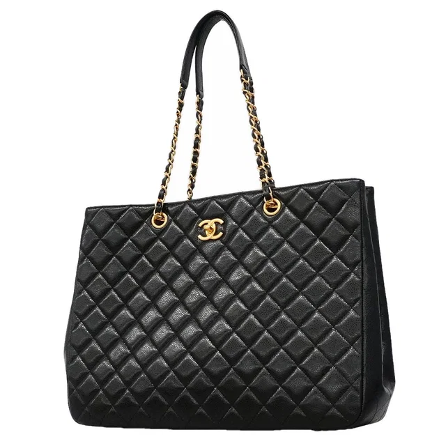 Chanel Chain Tote Bag Quilted Caviar Leather Black Gold in Black Caviar leather from The Reluxe