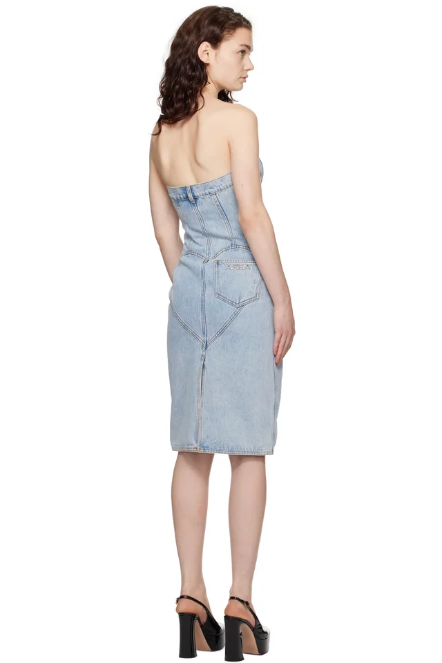 AREA Blue Flower Corsage Strapless Denim Midi Dress, photo 3 of 4 from SSENSE