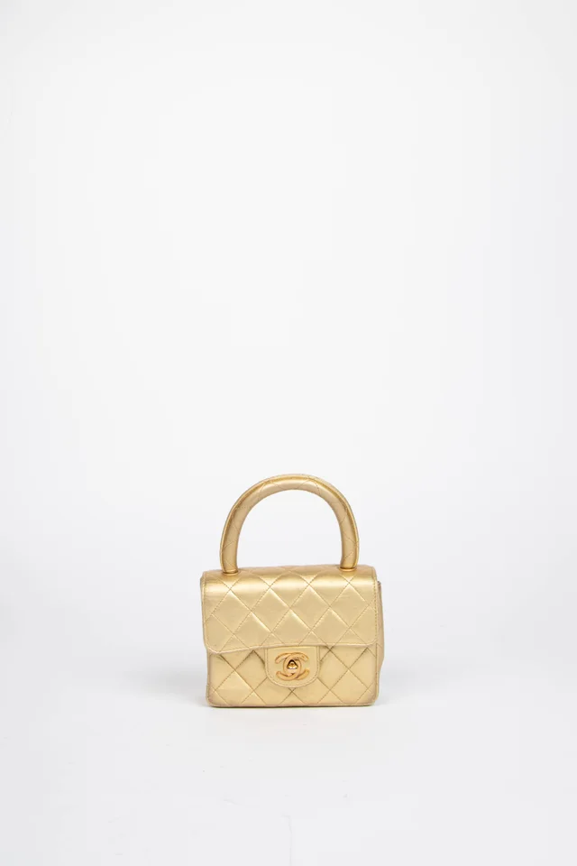 90s Chanel Gold Lambskin Leather Mini Top Handle with 24k GHW in Gold Lambskin from Break Archive
