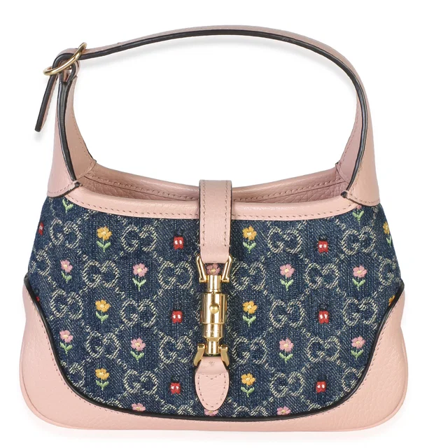 Gucci Light Pink Denim GG Monogram Calfskin Love Parade Mini Jackie 1961 Hobo in Pink Calfskin from myGemma