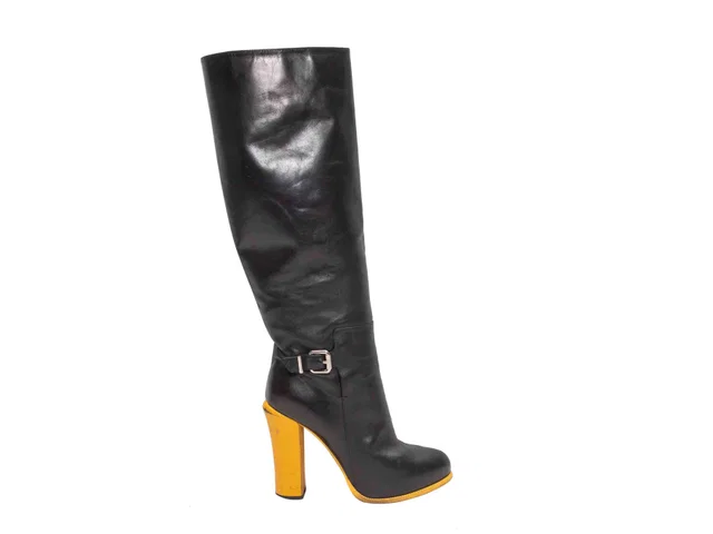 & Yellow Fendi Leather & Lizard Heeled Knee-High Boots Size 40 in Black Lizard from Designer Revival