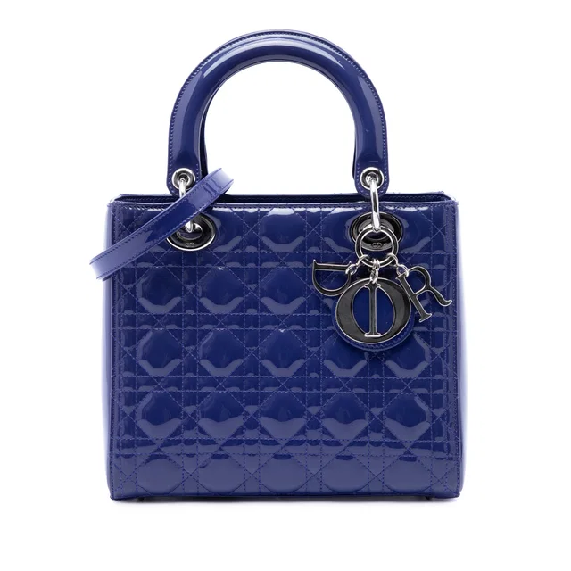 Blue Dior Medium Patent Cannage Lady Dior Satchel in Blue Patent leather from Designer Revival