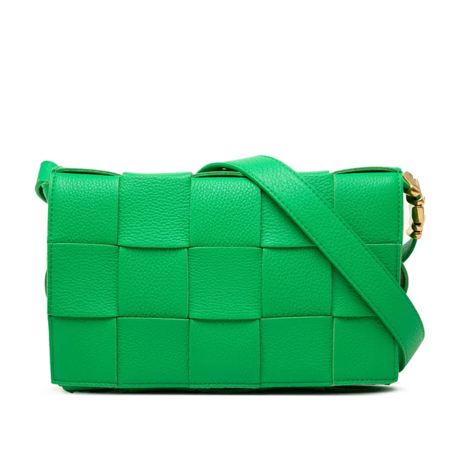 Green Bottega Veneta Grained Calfskin Intrecciato Cassette Crossbody in Green Caviar leather from Designer Revival