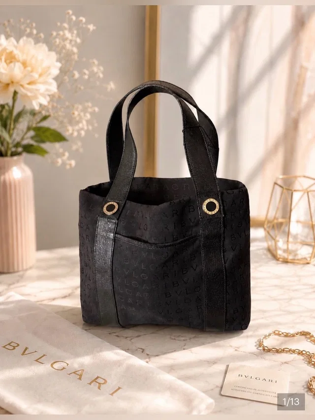 Bvlgari Logomania Black Canva And Leather Tote Coa in black Leather from Poshmark