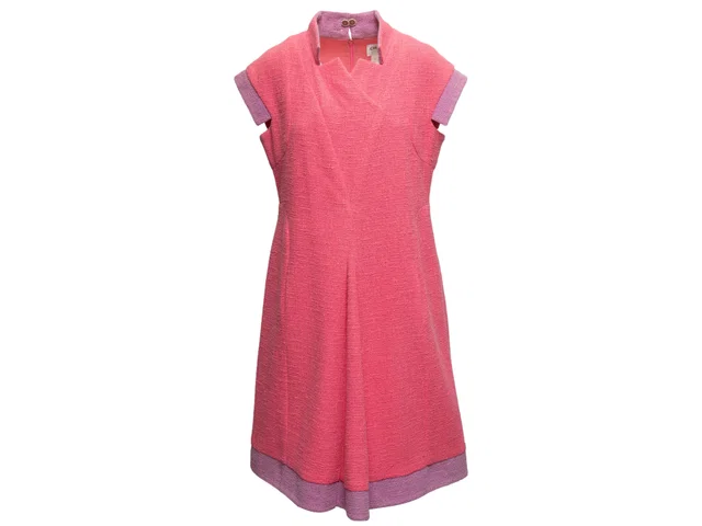 Pink & Lilac Chanel Cotton Tweed Color Block Dress Size FR 46 in Pink Tweed from Designer Revival