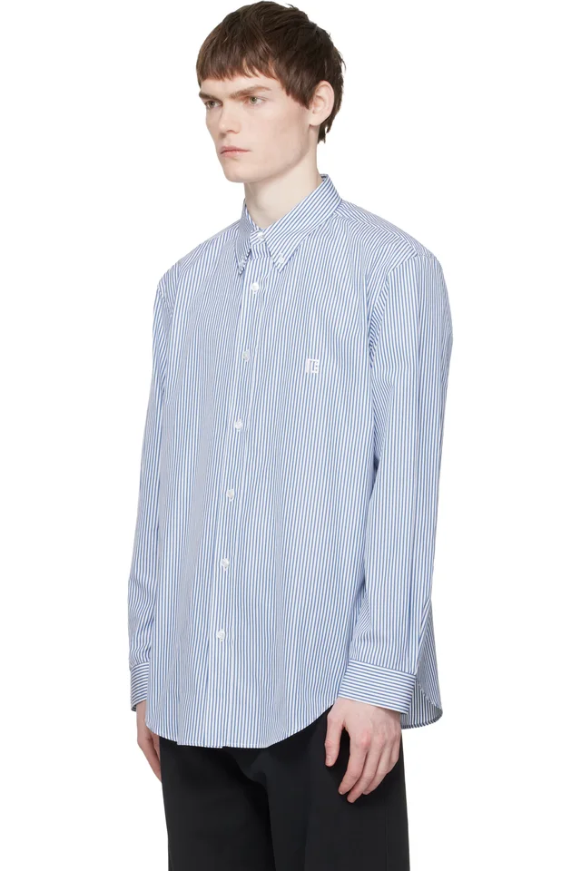 BALMAIN Blue & White Embroidered Pinstripe Popeline Regular Shirt, photo 4 of 5 from SSENSE