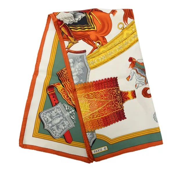 White Hermès Cavaliers Ottomans Silk Scarf 90 Scarves in White Silk from Designer Revival