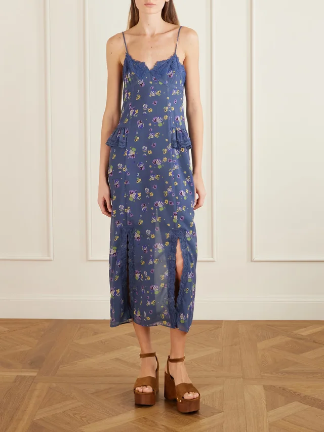 ANNA SUI Night Blooming floral-print lace-trimmed chiffon midi dress in Blue, photo 2 of 2 from NET-A-PORTER (Canada)