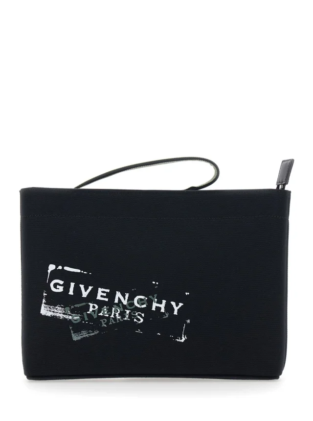 Black Pouch with Top Handle and Logo Print on Front in Cotton for Men in Black, image 1 of 1 from Gaudenzi Boutique