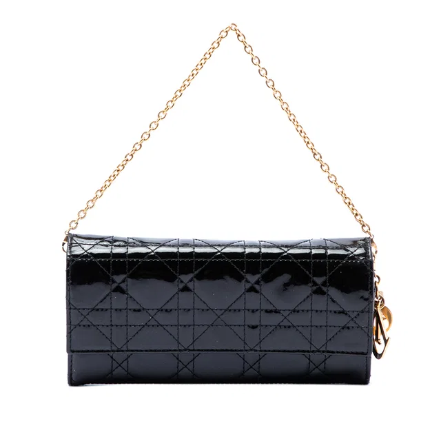 Black Dior Patent Cannage Lady Dior Wallet On Chain Handbag in Black Patent leather from Designer Revival