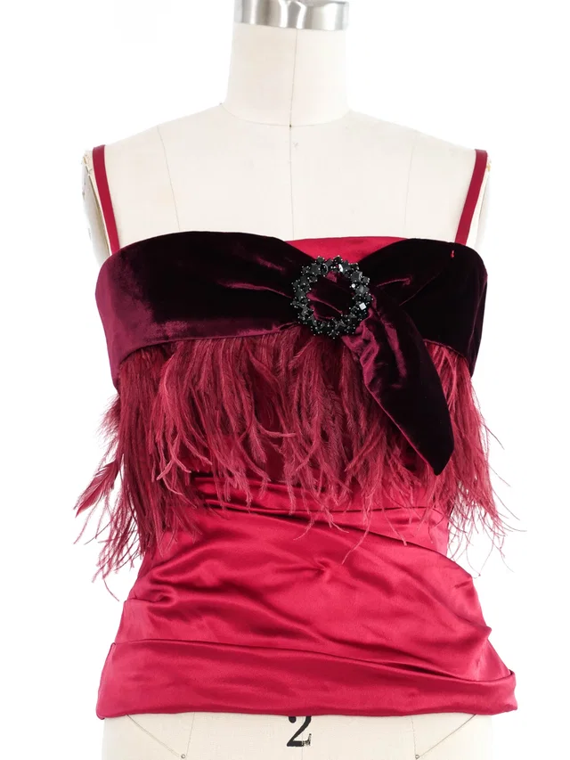 Dolce & Gabbana Feather Embellished Bustier Top in Velvet from Arcade Vintage
