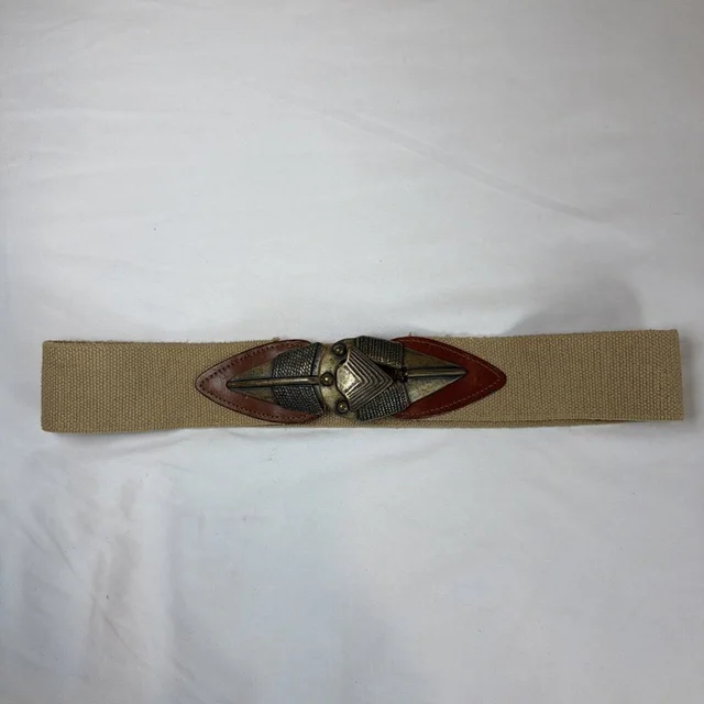Vtg Omega Arrowhead Stretch Belt Beige Art Ornate Metal Leather Buckle Usa Large in neutral|brown Leather from Poshmark