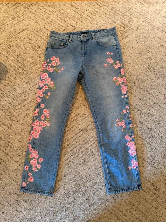 Escada Vintage Blue Jeans With Pink Floral Embroidery in blue|pink Denim from Poshmark