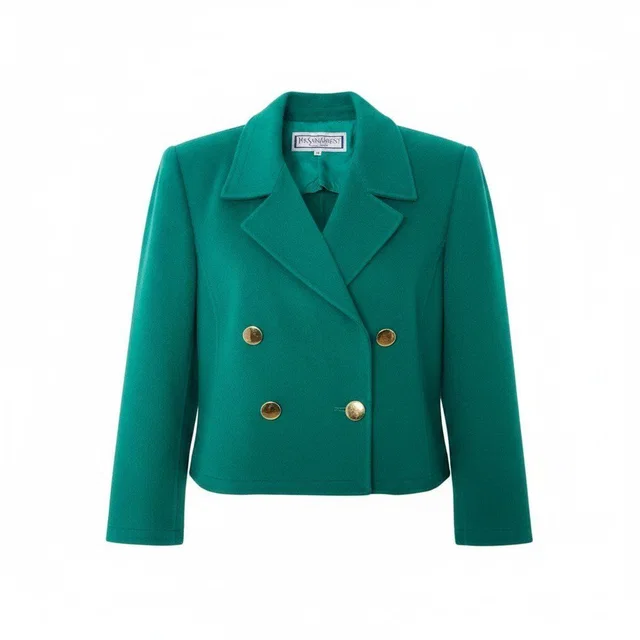 Saint Laurent Tailored Jacket Double Breasted Gold Button Wool Blend Green in Green Wool from The Reluxe
