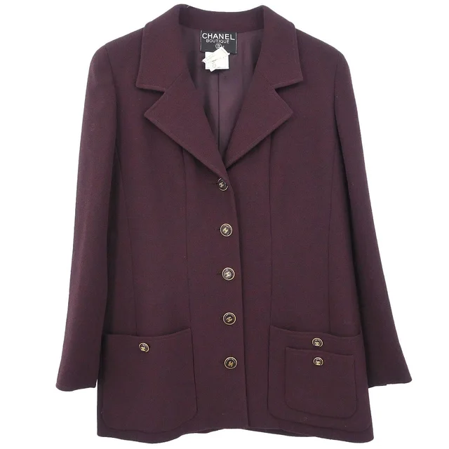 Chanel 1995 Single Breasted Jacket Bordeaux #40 in Burgundy Wool from AMORE Vintage Tokyo