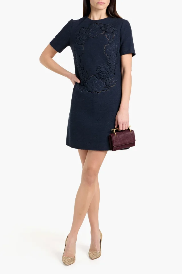 Oscar de la Renta Cotton-Blend Bouclé and Guipure Lace Mini Dress in Navy, photo 2 of 9 from THE OUTNET