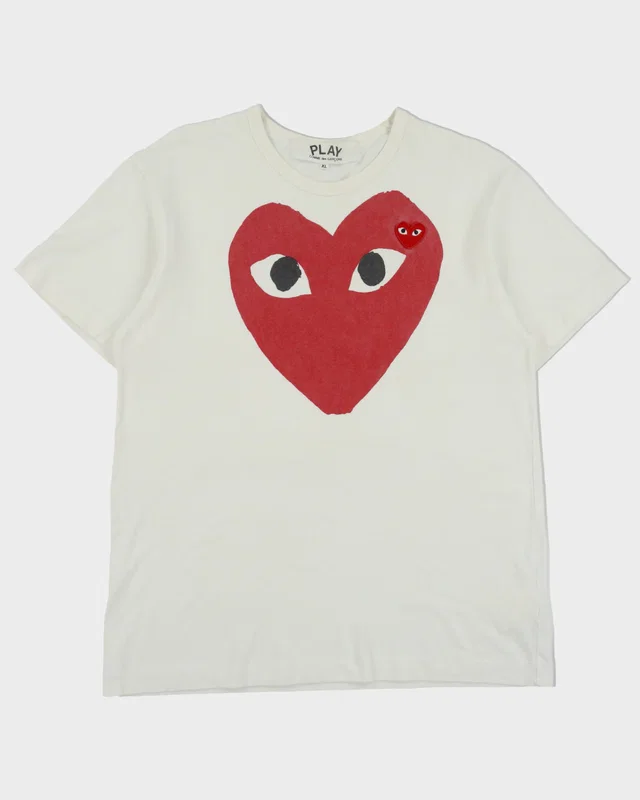 Comme des Garçons PLAY Heavyweight Double Heart Embroidered Single Stitch Crewneck T-Shirt - XL from Rokit Vintage