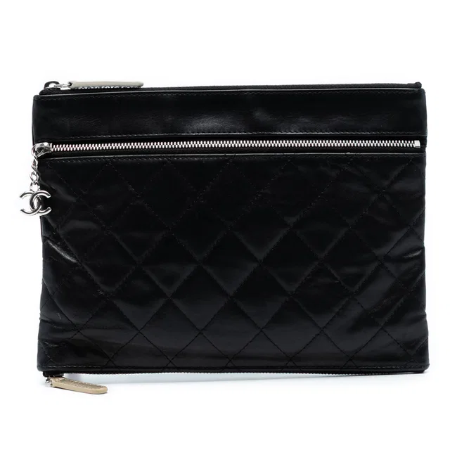 Black Chanel Small CC Quilted Lambskin Multi Zip Clutch in Black Lambskin from Designer Revival