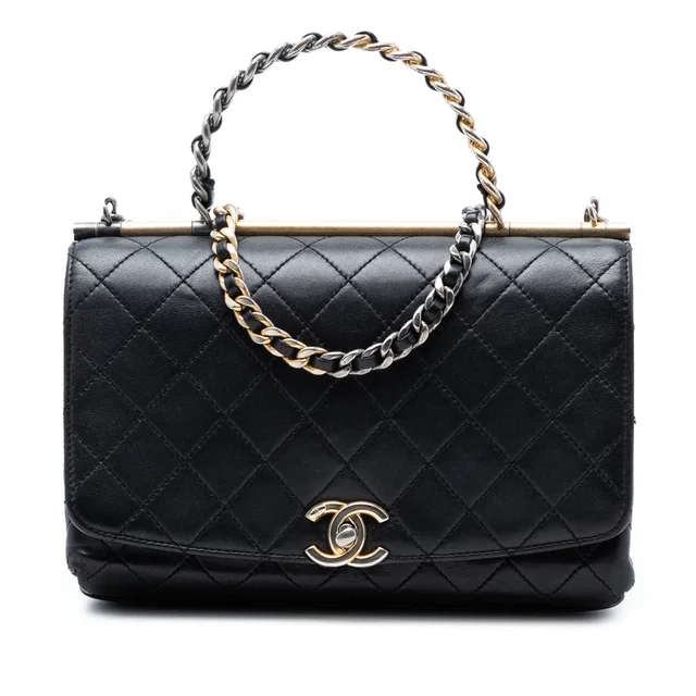 Black Chanel Medium Quilted Lambskin La Parisienne Flap Satchel in Black Lambskin from Designer Revival