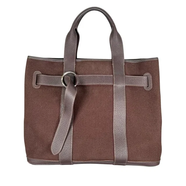 Hermès Tote Bag Petite Ceinture MM Business Canvas Leather Brown Silver in Brown Canvas from The Reluxe