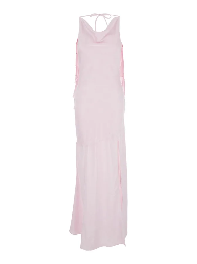 Rotate Long Dress 'Rosa' with Back Opening and Draped Details in Pink Fabric for Women in Pink 100% Polyester, photo 2 of 6 from Gaudenzi Boutique