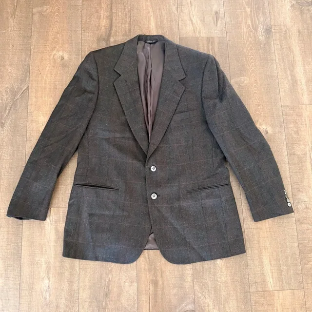 Vtg Lanvin Sport Coat Mens 42r Dark Grey Plaid Silk Linen Windowpane Blazer Usa in gray|red Silk from Poshmark