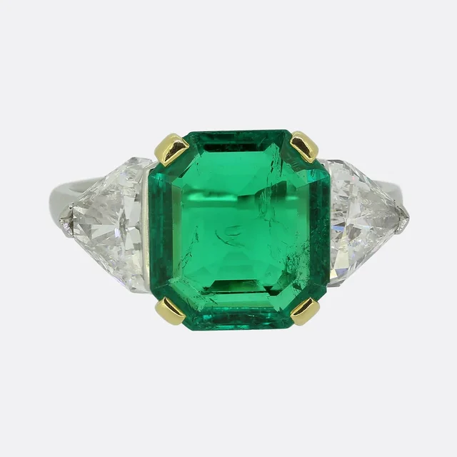 Bvlgari 4.16 Carat Colombian Emerald and Diamond Three-Stone Ring in Green from The Vintage Jeweller