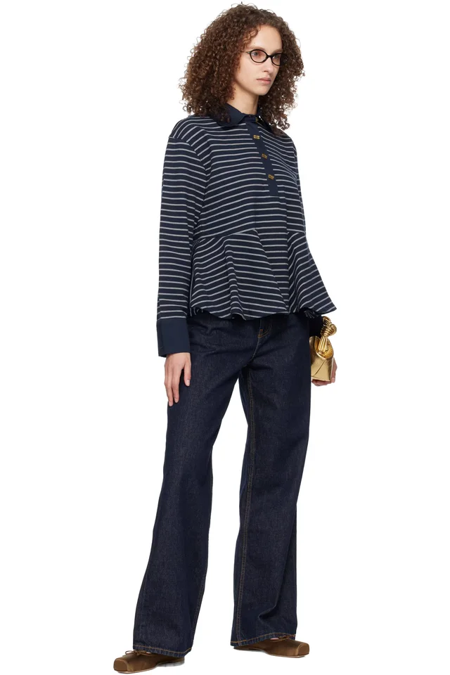 GANNI Navy Single Piqué Peplum Polo, photo 4 of 4 from SSENSE