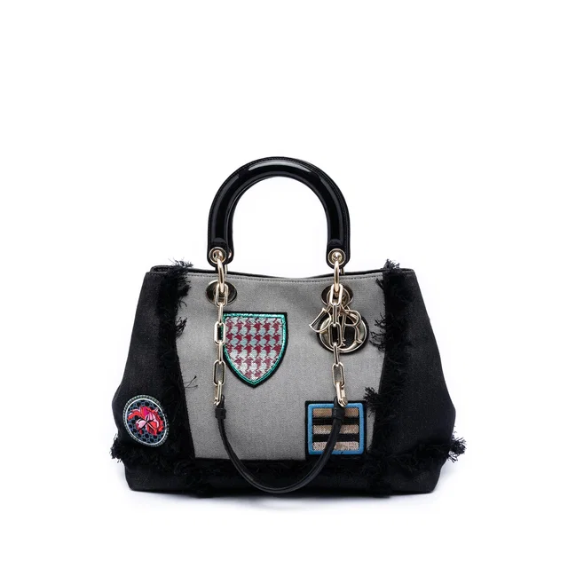 Black Dior Denim Patch D Light Satchel in Black Denim from Designer Revival