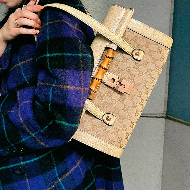 Gucci Canvas GG Pattern Bamboo Logo Plate Handbag Beige in Beige Canvas from VINTAGE QOO TOKYO