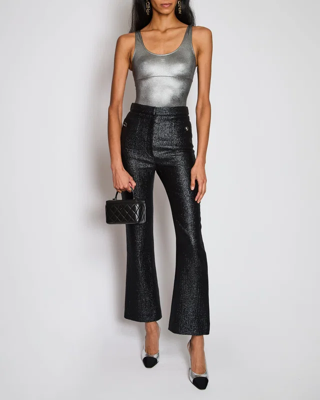 Chanel 20/A Black Iridescent Straight Leg Trouser with CC Button Detail Size FR 34 (UK 6) in Black Silk from Sellier