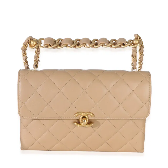 Chanel Beige Quilted Lambskin Chain Top Handle Small Flap Bag in Beige Lambskin from myGemma