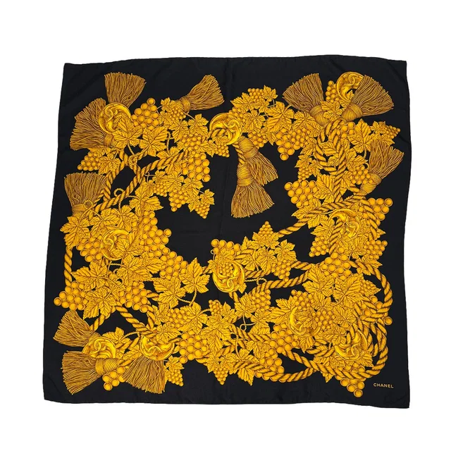 Chanel Vintage Scarf Cocomark Grapes Pattern Black Yellow Silk in Black Silk from Luxury Promise