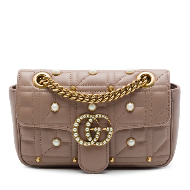 Brown Gucci Small GG Marmont Pearl Studded Matelasse Calfskin Aria Shoulder Bag in Brown Calfskin from Designer Revival