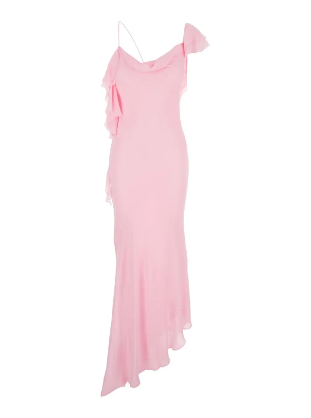 SELF-PORTRAIT Pink Long Dress with Ruffles in Georgette for Women in Pink 100% Fabric, photo 2 of 6 from Gaudenzi Boutique