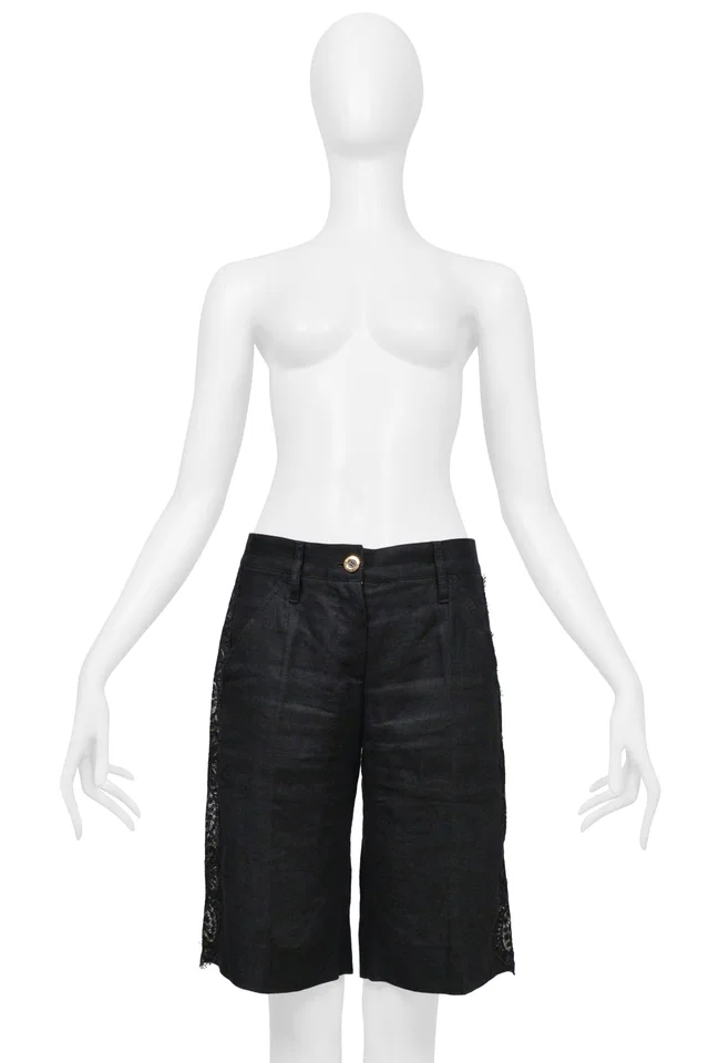 Dolce & Gabbana Black Linen Bermuda Shorts With Lace Insets in Black Silk from Resurrection Vintage