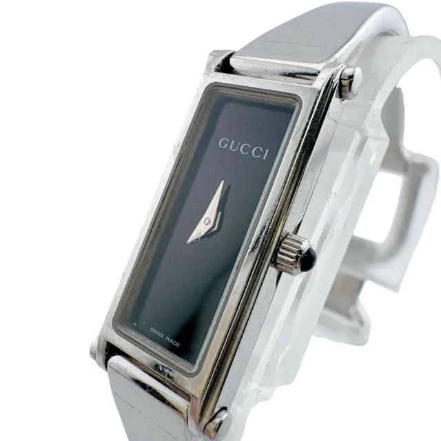 Gucci Bangle Watch SS Stainless Steel Quartz Horsebit Silver Black Dial in Black from The Reluxe