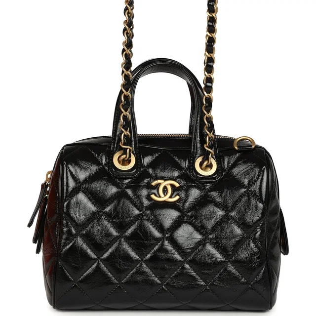 Chanel "CC Travel" Bowling Bag Black Shiny Crumped Calfskin Antique Gold Hardware in Black Calfskin from Madison Avenue Couture