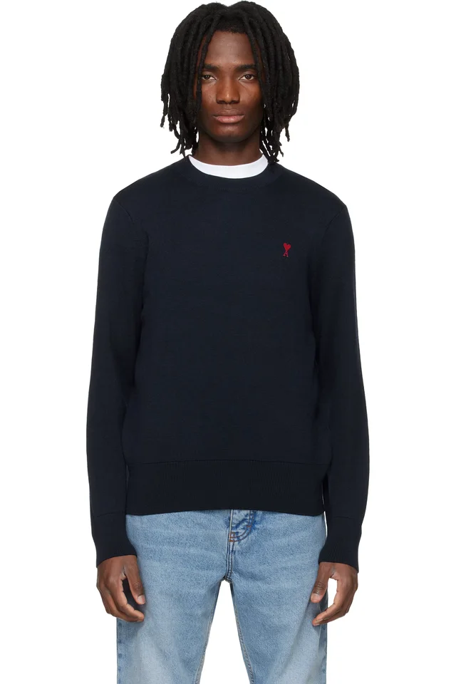 Navy Wool Contrasted Ami de Coeur Crewneck Sweater, image 1 of 1 from SSENSE
