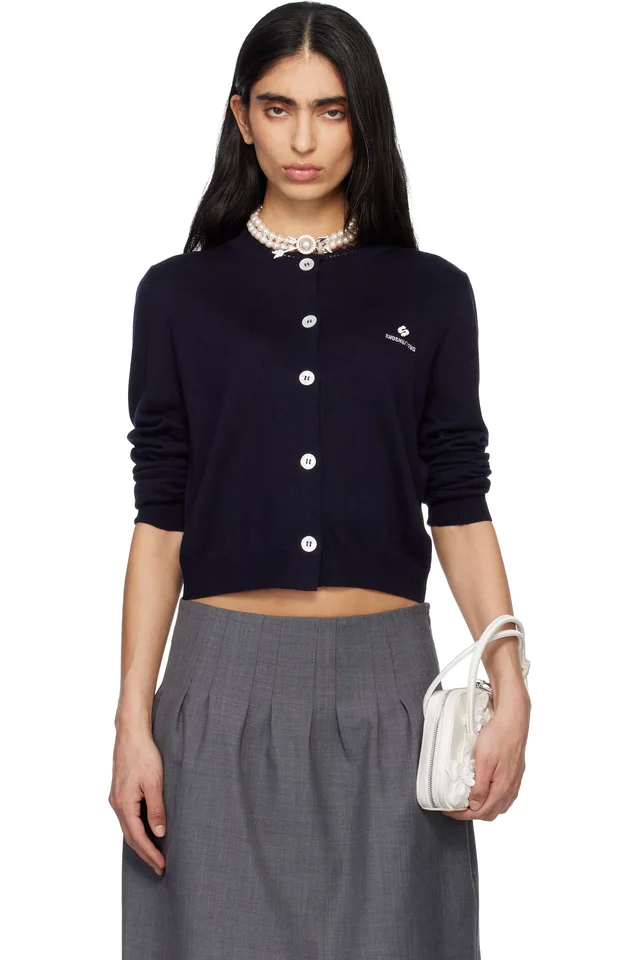 SHUSHU/TONG Navy Logo-Stitch Knit Cardigan, image 1 of 1 from SSENSE