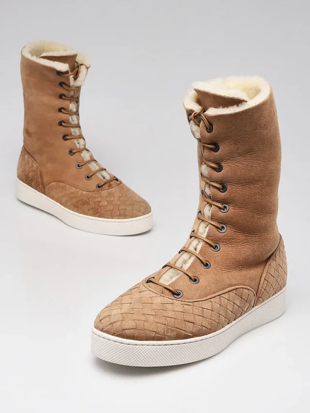 Bottega Veneta Beige Intrecciato Woven Suede and Shearling Mid Calf Boots Size 7/37.5 in Beige Suede from Yoogis
