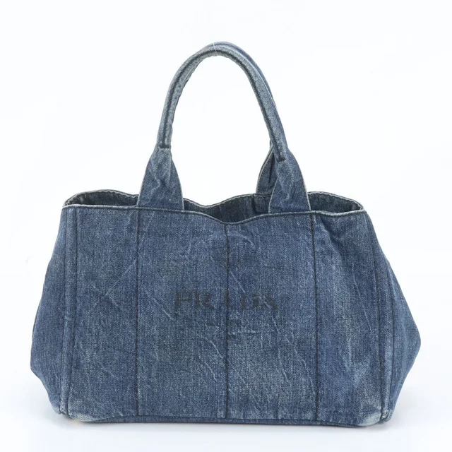 Prada Canapa Denim Triangle Logo Tote Bag Shoulder in Denim from The Reluxe